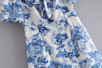2021 Retro prancūzų Lyno Tvarstis Lankas trumpomis Rankovėmis Trumpą Suknelę Moteris Mėlyna balta Gėlių Spausdinti Backless Mini Suknelės Atostogų