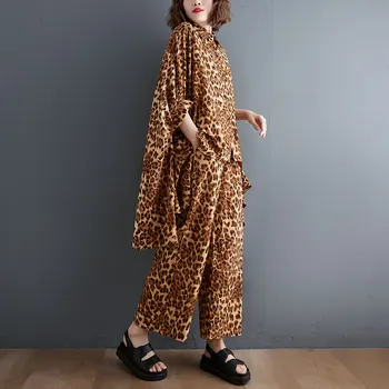 DIMANAF Moterų Palaidinė Leopard Dviejų dalių Komplektas Marškinėliai Šikšnosparnių Rankovėmis Vasarą Šifono Viršūnes Tiktų Palaidi Atsitiktinis Moterų Negabaritinių 4XLOversize