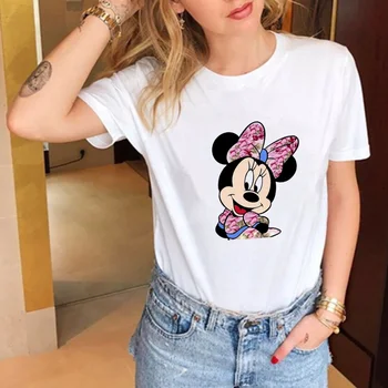 Mickey Minnie Mouse Marškinėliai Mergina Vasaros trumpomis Rankovėmis Purus Baltas O-kaklo Tshirts Harajuku Mados Grafinis Disney Tee Marškinėliai Topai