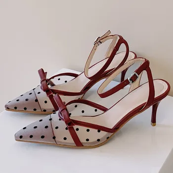 Moterų originali leaher Polka Dot Tinkleliu kratinys plonas aukšto kulno, čiurnos dirželis sandalai pažymėjo tne peteliškę korėjos stiliaus vasaros siurbliai