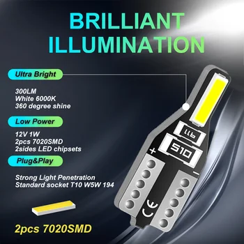 10vnt LED T10 W5W 194 168 W5W 7020 2SMD Stovėjimo Led Lemputės Auto Pleišto Šalinimo Lemputė CANBUS Ryškiai Balta 6000K Licencija Automobilių Šviesos