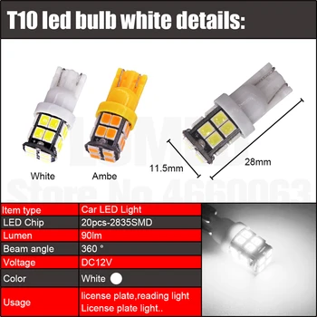 10vnt T10 W5W LED Automobilių Lemputės Luces Led Para Auto vidinę šviesos 20 SMD 2835 Led DC 12V