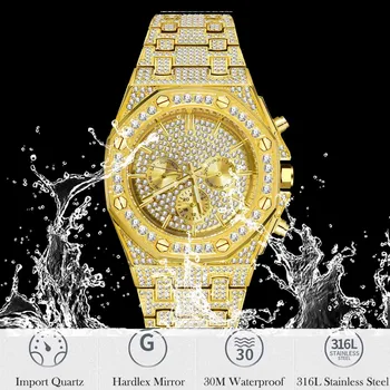 18K Aukso laikrodis Vyrams, Prabangos Prekės Aplink Bling Mens Diamond Vandeniui Laikrodžiai, Nerūdijančio Plieno, Hip-Hop Kvarciniai Laikrodžiai Relogio