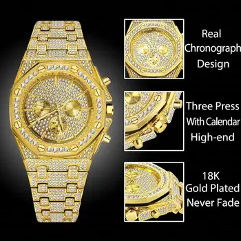 18K Aukso laikrodis Vyrams, Prabangos Prekės Aplink Bling Mens Diamond Vandeniui Laikrodžiai, Nerūdijančio Plieno, Hip-Hop Kvarciniai Laikrodžiai Relogio
