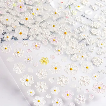 1sheet Balta Įspaustu Gėlių Nėrinių 5d Nagų Lipdukas, Decal Vestuvių Nagų Dailės Dizaino Gėlių Drugelis Japonijos Manikiūro Nagų Dekoras