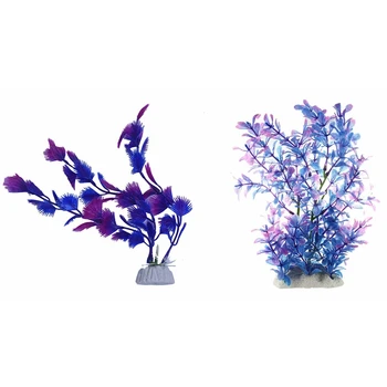 2 Vnt Dirbtinės Plastikinės Vandens Augalų Violetinė-Mėlyna Deco Akvariumo,20 Cm Ir 19 Cm