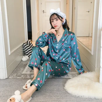 2019 Moterų Pižama Gėlių Spausdinti Mados Prabangių Moterų Dirbtiniais Šilko Dvi Marškinėliai Kelnės naktiniai marškinėliai Sleepwear