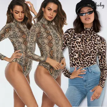 2020 Leopard Bodysuit Moterų Sexy Aukštos Sumažinti Leotard Thong Clubwear Liesas Kūno Kostiumas Ilgomis Rankovėmis Playsuit Spausdinti Romper Jumpsuits