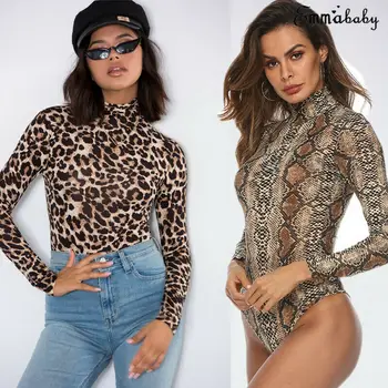 2020 Leopard Bodysuit Moterų Sexy Aukštos Sumažinti Leotard Thong Clubwear Liesas Kūno Kostiumas Ilgomis Rankovėmis Playsuit Spausdinti Romper Jumpsuits