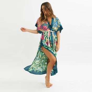 2020 M. Naujas Gėlių Spausdinti Paplūdimio Cover Up Moterų Long Beach Suknelė Tunikas Cardigan Seksualus Bikini Padengti Iki Plius Dydis Viršutiniai Drabužiai Paplūdimio