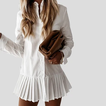 2020 M. Rudenį Ilgomis Rankovėmis Balti Plisuotos Marškinėliai Suknelė Moterims Pasukite Žemyn Apykaklės Atsitiktinis Mini Suknelė Mygtuką Moterų Linija 