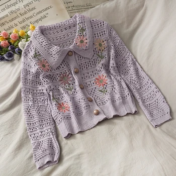 2020 M. Rudenį Saldus Gėlių Siuvinėjimas Tuščiaviduriai Ploni Megztiniai Vieną Krūtinėmis Megztinis Moterims Trikotažas Mada