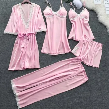 2020 Moterų Atlasas Sleepwear 5 Vnt Pižamos Sexy Nėrinių Pižama Miego Lounge 