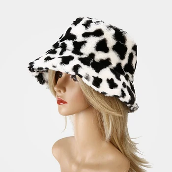 2020 New Winter Bucket Hat For Women Girl Fashion Cow Print Thickened Soft Warm Fishing Cap Windproof Outdoor Hat Cap Lady Caps