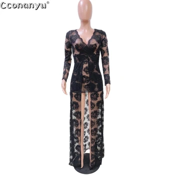 2020 Women V-Neck Lace Hollow Out Dress Spring Long Maxi Dress Sexy Full Sleeve Bodycon Night Club Party Bandage Dresses