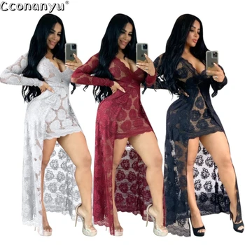 2020 Women V-Neck Lace Hollow Out Dress Spring Long Maxi Dress Sexy Full Sleeve Bodycon Night Club Party Bandage Dresses