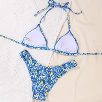 2021 Bikini Moterims Gėlių Spausdinti Nėrinių maudymosi kostiumėlį, Micro Thong Paplūdimys Plaukimo Maudymosi Kostiumai Bikini