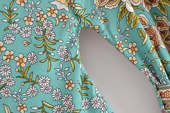 2021 BOHO Turkio Žalios spalvos Gėlių Spausdinti Kimono Marškinėliai Atostogų Lygiosios Lankas Varčias Vidurio Ilgas Cardigan Palaidinė Moterų Paplūdimio Viršūnės