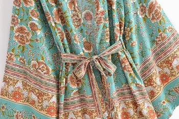 2021 BOHO Turkio Žalios spalvos Gėlių Spausdinti Kimono Marškinėliai Atostogų Lygiosios Lankas Varčias Vidurio Ilgas Cardigan Palaidinė Moterų Paplūdimio Viršūnės