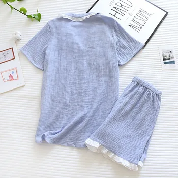 2021 Japonijos naujas stilius ponios vasaros medvilnės krepo trumparankoviai šortai pižama dviejų dalių gryna spalva mielas namų paslaugų rinkinio