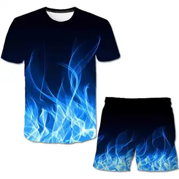 2021 karšto pardavimo vaikus Naujas Vasaros Atspausdintas T-marškinėliai, Šortai Rinkiniai Apvalios Kaklo trumpomis Rankovėmis Mėlyna žalia violetinė raudona Liepsna marškinėlius rinkiniai