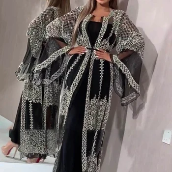 2021 M. Dubajaus Musulmonų Suknelė Prabanga, Aukštos Klasės Siuvinėjimo Nėrinių Ramadanas Kaftan Islamas Kimono Moterų Black Maxi Suknelė 2021