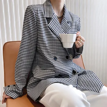 2021 M. Pavasarį Korėjos Stiliaus Moteris Languotas Švarkas, Juoda Ir Balta Skara Kostiumas Kailis Naujo Dizaino Biuro Elegantiška Striukė Moterims