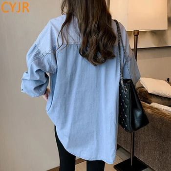 2021 m. Pavasarį Naujas camisa džinsai feminina Marškinėliai medvilnės Moterų ilgomis Rankovėmis moterų džinsinio Marškinėliai prarasti korėjos plius dydžio palaidinė