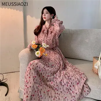 2021 M. Pavasarį, Rudenį Ilgomis Rankovėmis Gėlių Šifono Suknelė Moterims Korėjos Mielas Bowtie Apykaklės Aukštos Juosmens Ilgas Klostuotas 