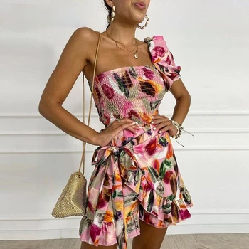 2021 M. Vasarą Moterims Gėlių Spausdinti Mini Suknelė Seksualus, Elegantiškas Vieno Peties Shirring Viršuje & Wrap Sijonas, Dviejų Dalių Rinkinys Paplūdimio Drabužiai Sundress