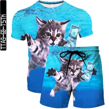 2021 m. vasarą naujas vyrų ir moterų 3D atspausdintas paplūdimio kelnės mados tendencija boutique T-shirt dviejų dalių modelis katė elementas modelis