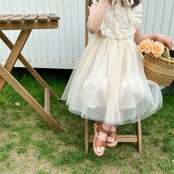 2021 m. Vasarą Naujų Mergaičių Siuvinėjimo Nėrinių Kratinys Akių Princesė Dress Vaikai korėjos stiliaus Rankovių Suknelės