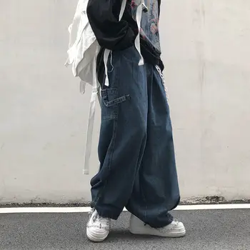 2021 Mados Individualumą Japoniško stiliaus Jean Vyrai Laisvi Juostele Džinsinio Ziajać Bule/Juoda Vyras ir Moteris, Hip-hop Streetwear Kelnių