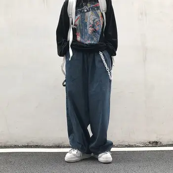 2021 Mados Individualumą Japoniško stiliaus Jean Vyrai Laisvi Juostele Džinsinio Ziajać Bule/Juoda Vyras ir Moteris, Hip-hop Streetwear Kelnių