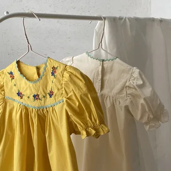 2021 Mergaitės Suknelė Vintage Vaikų Gėlių Aplikacija Frock Vasaros Korėjos Stiliaus Vaikai, Vienas Gabalas Drabužių Mergaičių Medvilnės Suknelė
