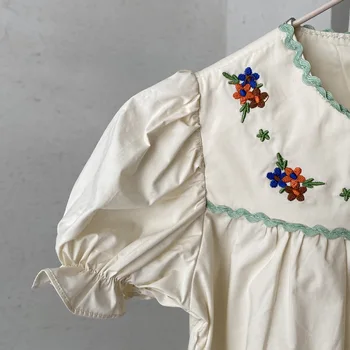 2021 Mergaitės Suknelė Vintage Vaikų Gėlių Aplikacija Frock Vasaros Korėjos Stiliaus Vaikai, Vienas Gabalas Drabužių Mergaičių Medvilnės Suknelė