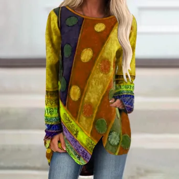 2021 Moterų marškinėliai retro Boho stiliaus ilgomis Rankovėmis O-kaklo Prarasti Viršūnes Lady Tee Pavasario Spausdinti Atsitiktinis Plonas Moteriška Palaidinė Plius Dydis