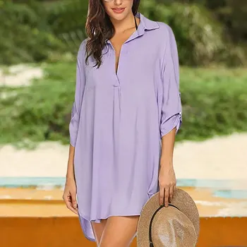 2021 Moterų Paplūdimio Cover Up ilgomis Rankovėmis Mygtuką Miego Marškinėliai Suknelė maudymosi kostiumėlį vientisos Spalvos Padengti Iki Tunikas vientisos spalvos Paplūdimio