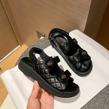 2021 Moterų Sandalai, Juodas Pledas Atsitiktinis PU Odos Butas Velcro Retro Prekės Romos Prabangių Dizainerių Prekės