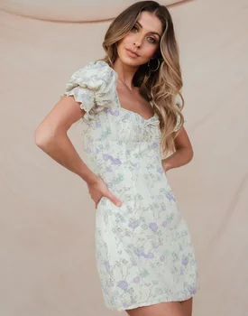 2021 Moterų Šifono Virš kelio Spausdinti trumpomis Rankovėmis Suknelė Vasaros Elegantiškas Saldus Gėlių Mini Seksualus Slim Suknelės