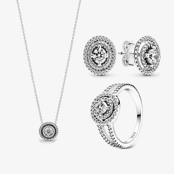2021 Nauja 925 Sterling Silver crystal Clear Putojantis Dvigubai Halo Žiedą, Karoliai ir Auskarai Moterims Dėvėti Geometrinis Papuošalų Rinkinys