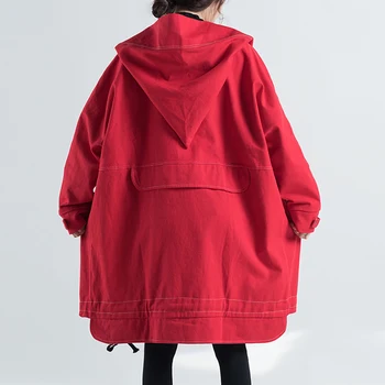 2021 nauja Rudens žiemos naujas literatūros didelio dydžio moterų Gobtuvu Laisvas megztinis su užtrauktuku iki Vidurio, ilgos džinsinio raudonas švarkelis, striukė tendencija