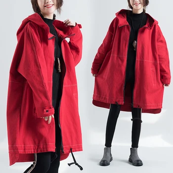 2021 nauja Rudens žiemos naujas literatūros didelio dydžio moterų Gobtuvu Laisvas megztinis su užtrauktuku iki Vidurio, ilgos džinsinio raudonas švarkelis, striukė tendencija