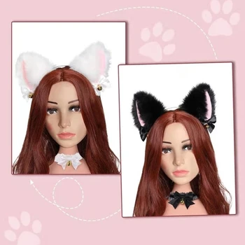 2021 Naujas Dirbtiniais Kailiais Kačiukas Ausis ekrano užsklandą su Choker Karoliai Nustatyti Saldus Bowknot Bell Lolita Plaukų Lankelis Anime Tarnaitė Cosplay Kostiumas