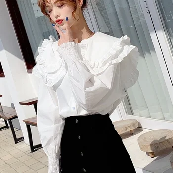 2021 Naujas Kawaii Stiliaus Peter Pan Apykaklės Lolita Palaidinė Viršūnes Korėjos Mados Preppy Stilius Moterys Ilgomis Rankovėmis Balti Mygtuką Iki Marškinėliai
