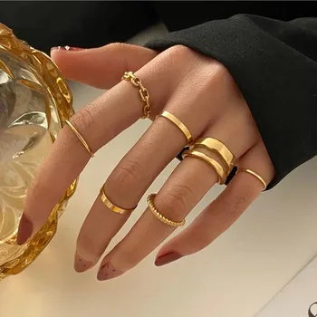 2021 naujas mados Aukso Sidabro Spalvos Grandinės Žiedai Nustatyti Vestuvių Dervos Žiedas Moterims Punk Geoemtric Daugiasluoksnės Žiedai, Papuošalai