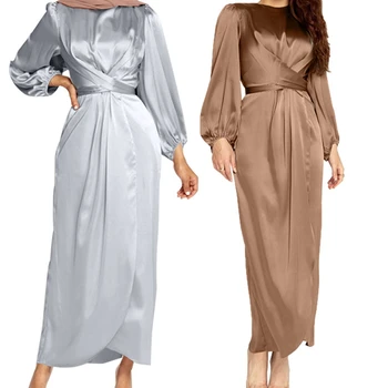 2021 Naujas Moterų Arabų Musulmonų Satino Sluoksniuotos Ilgomis Rankovėmis Wrap Priekiniai Maxi Suknelė Abaja Hijab Skraiste