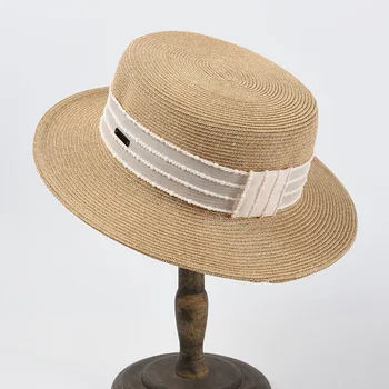 2021 Naujas Moterų Skrybėlių Juostelės Šiaudų Saulės, Skrybėlę, Kvėpuojantis Didelis Kraštų Paplūdimio Vasaros Vairininko Paplūdimio Juostele Turas Flat Top Hat Moterims