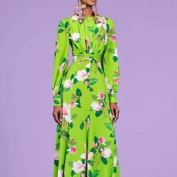 2021 naujas moterų suknelė mados ponios pavasario žibintų ilgomis rankovėmis žalia gėlių spausdinti ilga suknelė moterims