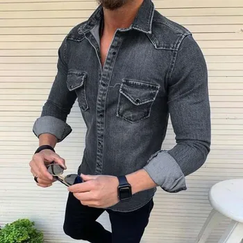 2021 naujas retro paprasta ilgomis rankovėmis džinsinio marškinėliai vyrų mados plius dydis marškinėliai